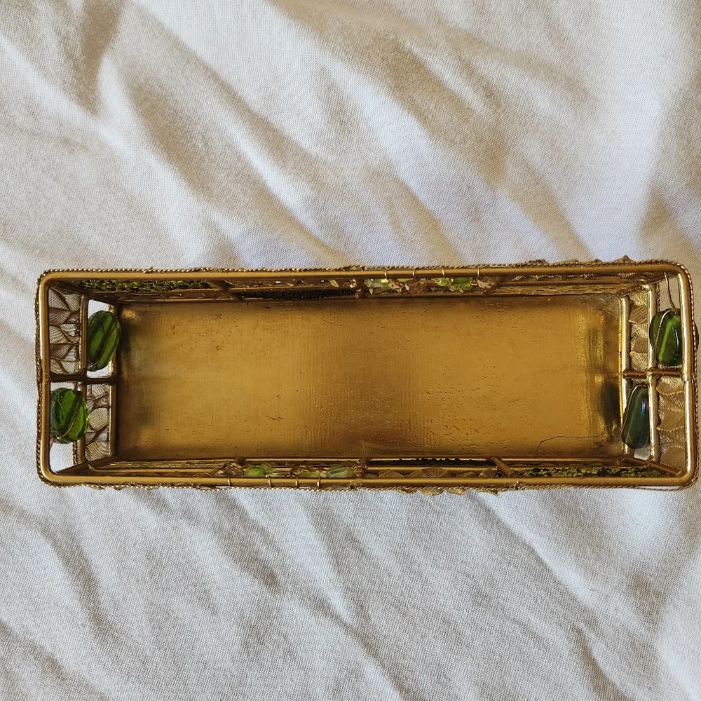 Vintage Beaded Gold Trinket Tray Jewelry Organizer Decorative Vanity